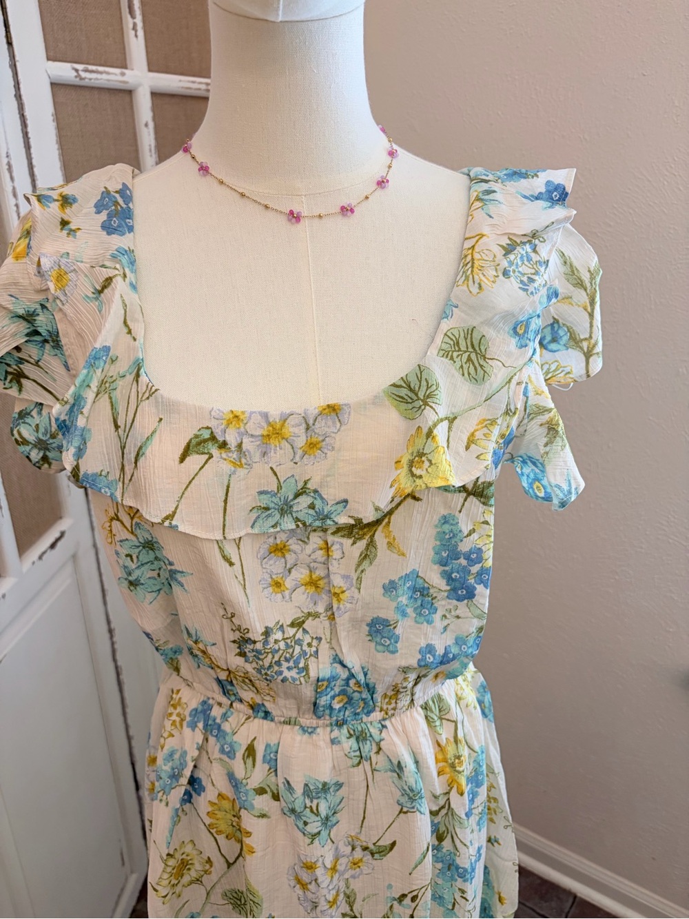Rivr NWOT Blue & Yellow Floral Ruffle Square Neck Knee Length to Midi Med